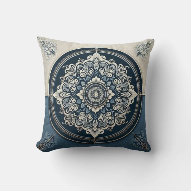 Cojín decorativo azul y beige de estilo Damasco (Anverso)