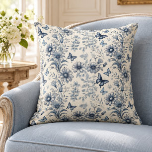 Cojín Decorativo Azul y Blanco Floral y Mariposa Vintage