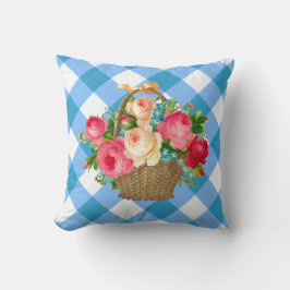 Cojín Decorativo Azul y Blanco Gingham Floral Vintage Campo