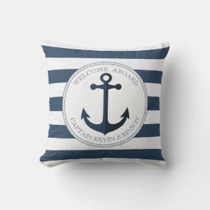 Cojín Decorativo Azul y blanco rayado con ancla personalizada