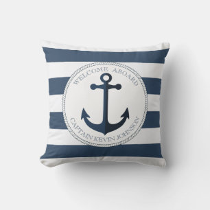 Cojín Decorativo Azul y blanco rayado con ancla personalizada