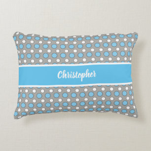 Cojín Decorativo Azul y gris con puntos de polka y nombre