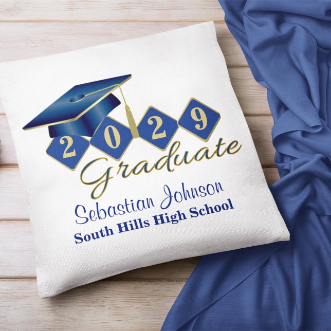 Cojín Decorativo Azul y oro de graduación personalizado (Personalized Graduation Blue & Gold Throw Pillow)
