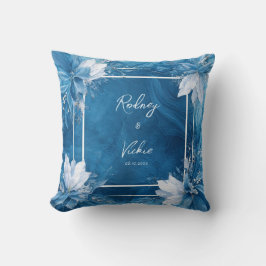 Cojín Decorativo Azul Zafiro Líquido Moteado Flor Blanca Cuadrada