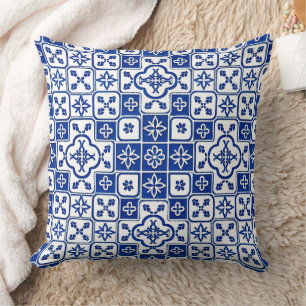Cojín Decorativo Azulejo Azul Azul Portugués Patrón de Baldosa Deco