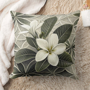 Cojín Decorativo Azulejo Botánico de Salvia Verde Plumeria Blanca
