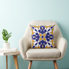Cojín Decorativo Azulejo Cuadrado Marruecos Amarillo Azul Patrón Bo