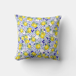 Cojín Decorativo Azulejo de Acuarela Campestre Francés Azul Limón
