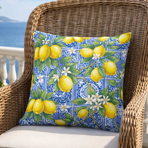 Cojín Decorativo Azulejo de Acuarela Campestre Francés Azul Limón