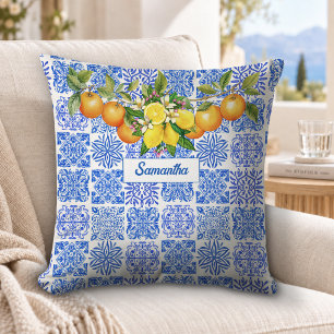 Cojín Decorativo Azulejo de Citrus Mediterráneo Azul Amarillo Sicil