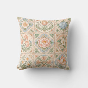 Cojín Decorativo Azulejo de flores botánicas pastel con parches