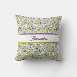 Cojín Decorativo Azulejo de nombre monograma limón azul estilo fran