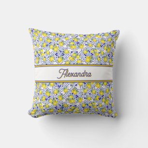 Cojín Decorativo Azulejo de nombre monograma limón azul estilo fran