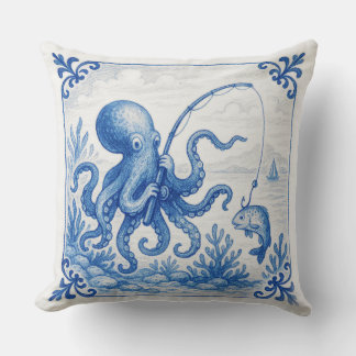 Cojín Decorativo Azulejo de pulpo divertido al estilo Delft tropica