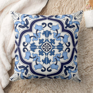 Cojín Decorativo Azulejo Floral Blanco Profundo Azul Siciliano Majó