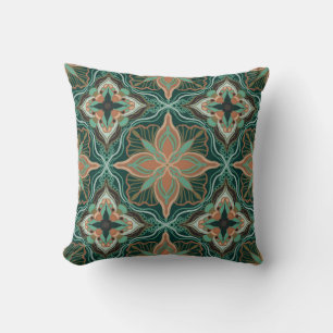 Cojín Decorativo Azulejo Floral de Acuarela Marruecos Verde Azul