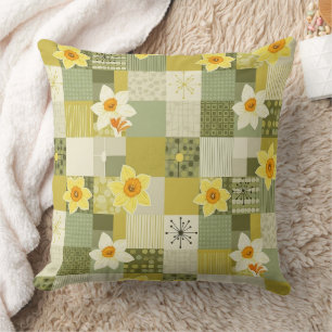 Cojín Decorativo Azulejo Floral Retró Daffodil Oliva - Mediados de