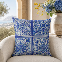 Cojín Decorativo Azulejo Mediterráneo Blanco Azul con Patrón Botáni