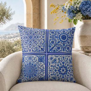 Cojín Decorativo Azulejo Mediterráneo Blanco Azul con Patrón Botáni
