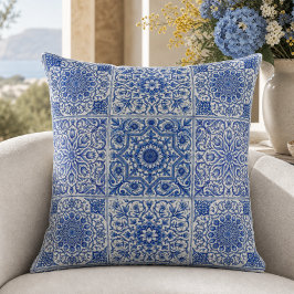 Cojín Decorativo Azulejo Mediterráneo Blanco Azul Patrón Botánico