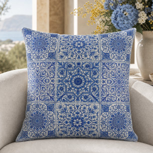 Cojín Decorativo Azulejo Mediterráneo Blanco Azul Patrón Botánico