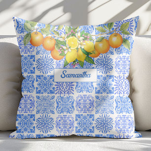 Cojín Decorativo azulejo mediterráneo de cítrico amarillo azul sici