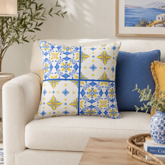 Cojín Decorativo Azulejo Mediterráneo de Parche Azul Amarillo