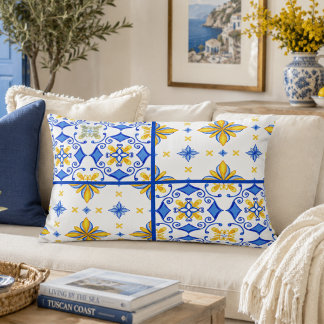 Cojín Decorativo Azulejo Mediterráneo de Parche Azul Amarillo