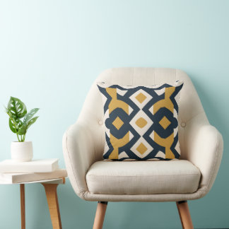 Cojín Decorativo Azulejo Mediterráneo Geométrico Dorado y Azul Mari