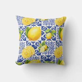 Cojín Decorativo Azulejo Patrón Limón Blanco Azul Mediterráneo Cítr