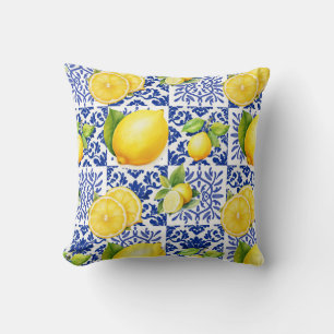 Cojín Decorativo Azulejo Patrón Limón Blanco Azul Mediterráneo Cítr