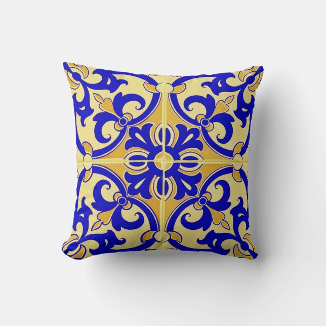 Cojín Decorativo Azulejo portugués tradicional| azul amarillo (Anverso)