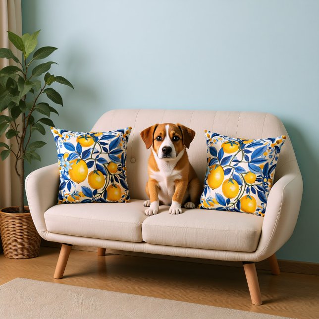 Cojín Decorativo 💛 💙 Azulejos azules y amarillos con limones (Blue and yellow Azulejos with lemons Throw Pillow)