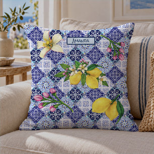 Cojín Decorativo Azulejos Cerámicos de Citricos Mediterráneos Azule