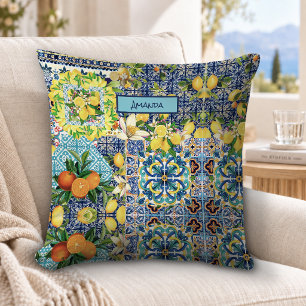 Cojín Decorativo Azulejos florales cítricos sicilianas turquesa azu
