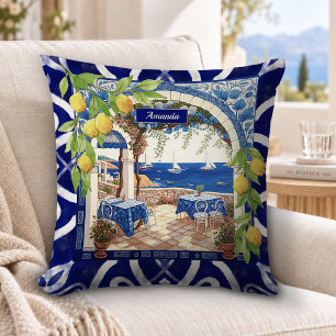 Cojín Decorativo azulejos sicilianas mediterráneas de cítricos azul