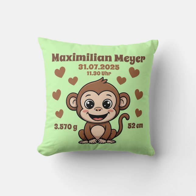 Cojín Decorativo Babykissen zur Geburt - Affe - personalisierbar - (Anverso)