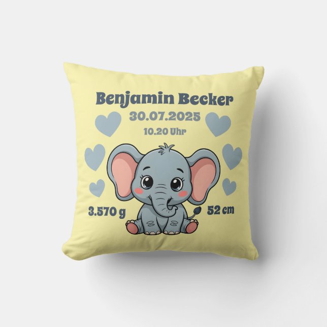 Cojín Decorativo Babykissen zur Geburt - Elefant - personalisierbar (Anverso)