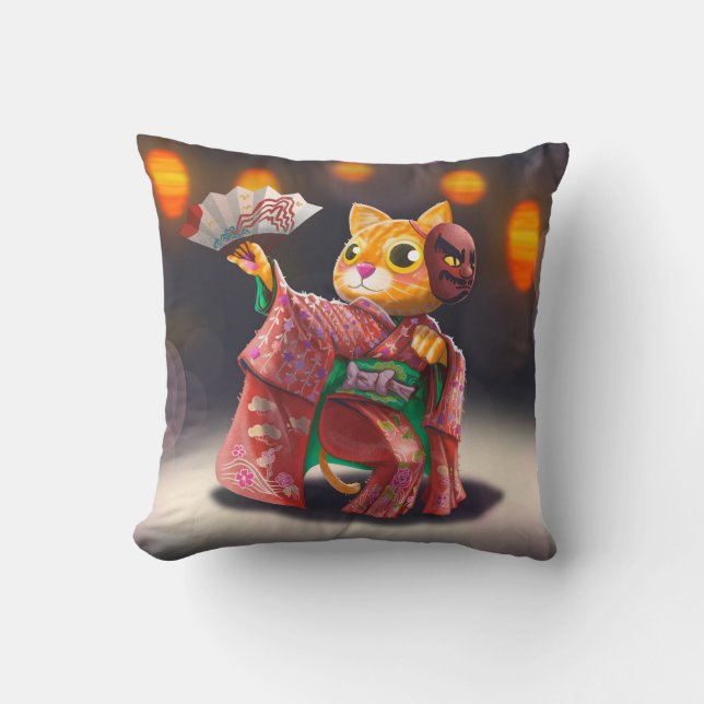 Cojín Decorativo Bailarina de gato japonesa con traje tradicional (Anverso)