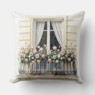 Cojín Decorativo Balcón de rosas de París en acuarela