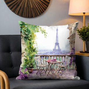 Cojín Decorativo Balconcito de Café de París Torre Eiffel Acuarela
