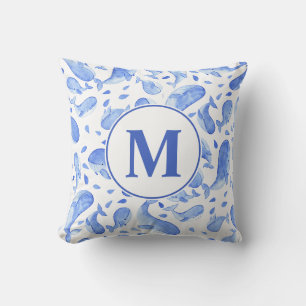 Cojín Decorativo Ballena de paisley azul acuarela Monograma