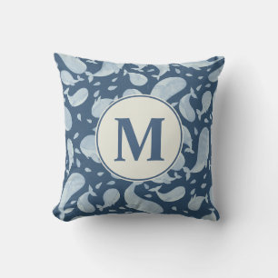 Cojín Decorativo Ballena de paisley azul acuarela Monograma