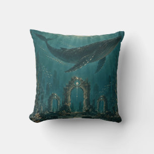 Cojín Decorativo Ballena sobre ruinas submarinas teal