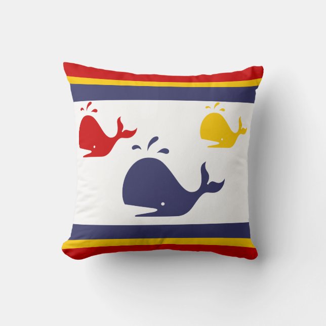 Cojín Decorativo ballenas azul marino, amarillo y rojo en blanco (Anverso)