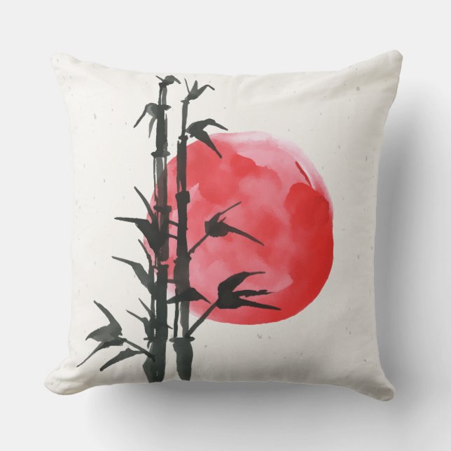 Cojín Decorativo Bambú frente a un sol rojo (Anverso)