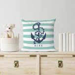 Cojín Decorativo Banda acuática y anclaje naval personalizado<br><div class="desc">La almohada náutica de tiro tiene un ancla azul marino clásico y un ilustracion de cuerda sobre un fondo de rayas verdes y blancas a la menta. Personalice con un nombre o texto de su elección, o simplemente elimine el texto de ejemplo para dejar en blanco. Adicional perfecta a las...</div>