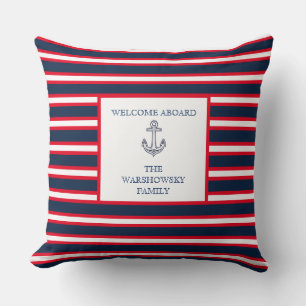 Cojín Decorativo Banda de monograma rojo blanco de la marina azul