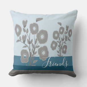 Cojín Decorativo Bandas Azules Con Flores Grises
