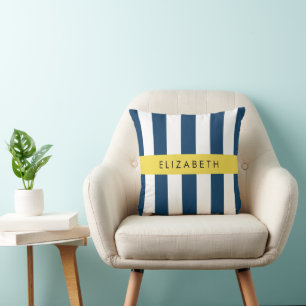 Cojín Decorativo Bandas azules de la marina, patrón rayado, tu nomb